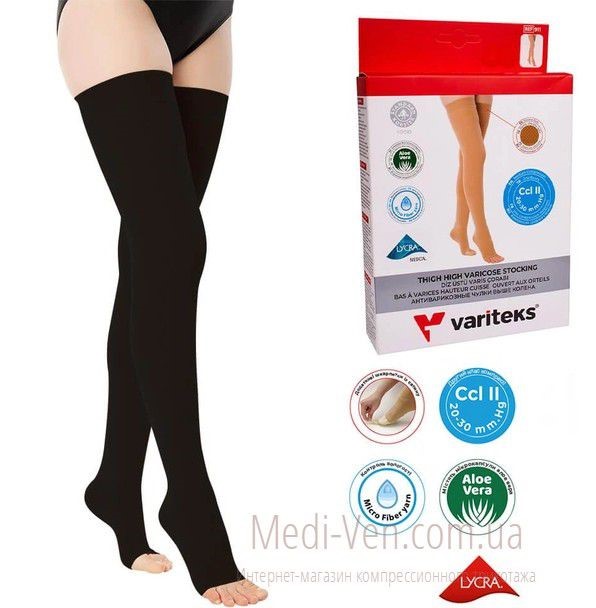 Компрессионные чулки со строгой резинкой Variteks 2 класс компрессии открытый носок для женщин и мужчин