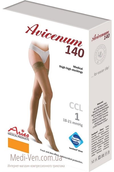 Компрессионные чулки с КРУЖЕВНОЙ РЕЗИНКОЙ Aries Avicenum 140 1 класс компрессии черные