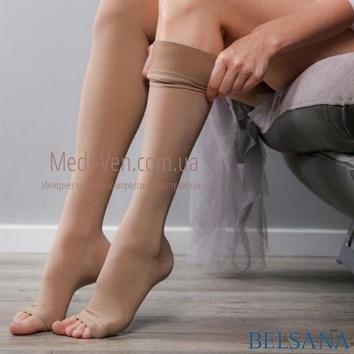 Компрессионные чулки Belsana Vivere 2 класс компрессии СТРОГАЯ РЕЗИНКА (для женщин и мужчин) ОТКРЫТЫЙ НОСОК цвет карамель - Германия